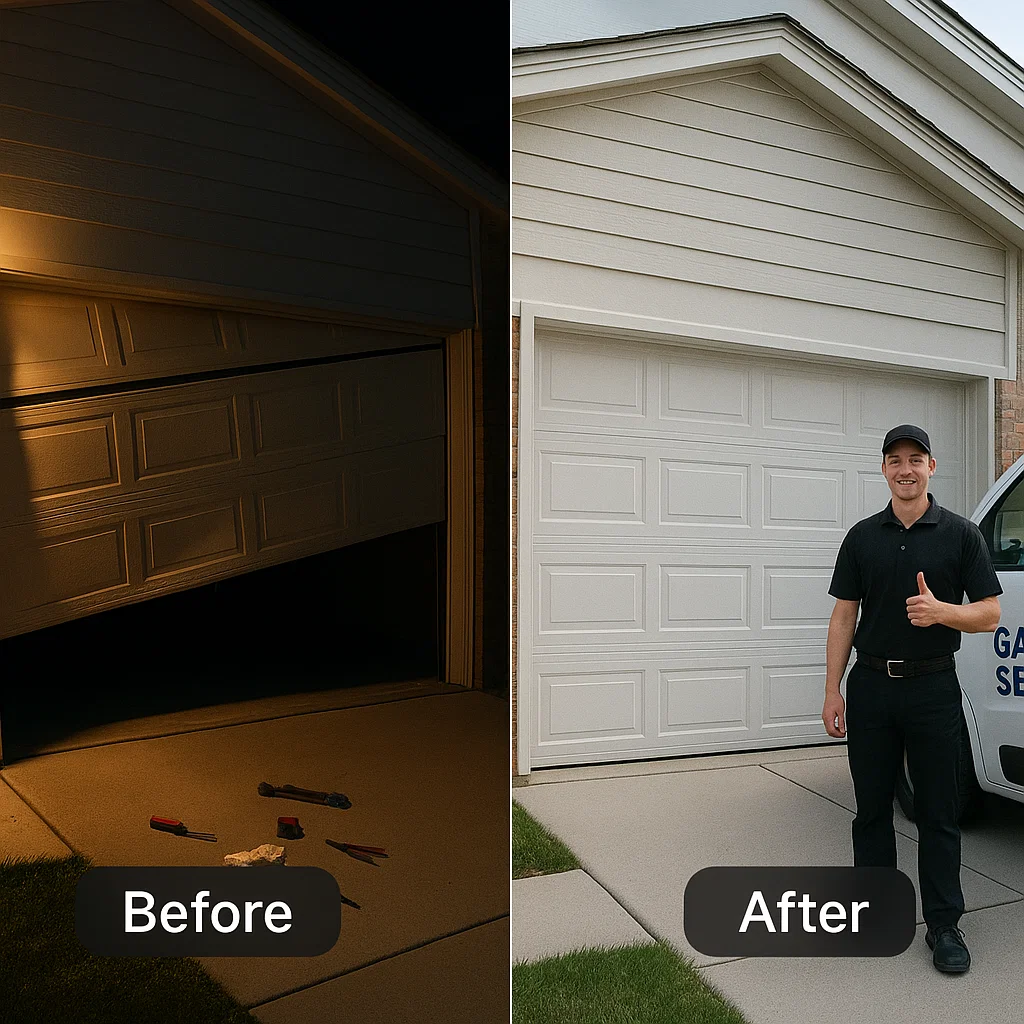 Before and after of emergency garage door repair in Sterling Heights MI showing damaged and fixed door