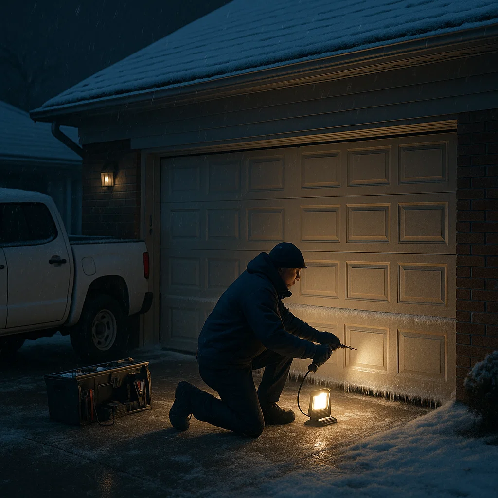 Emergency garage door technician repairing frozen door during Michigan storm in Sterling Heights MI