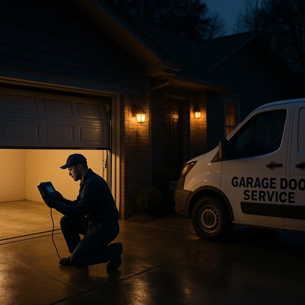Technician performing garage door emergency repair at dawn in Sterling Heights MI