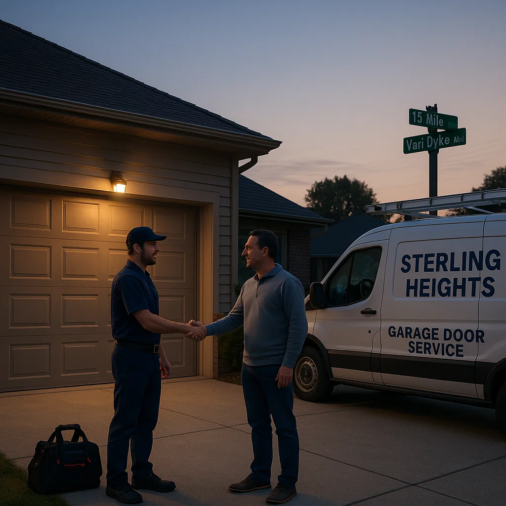  Sterling Heights garage door technician completing trusted emergency repair with local homeowner 