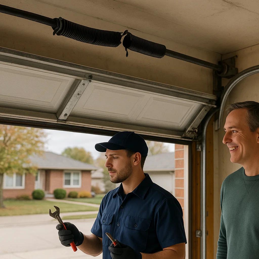  Garage door technician inspecting signs of a broken spring at a Sterling Heights MI home