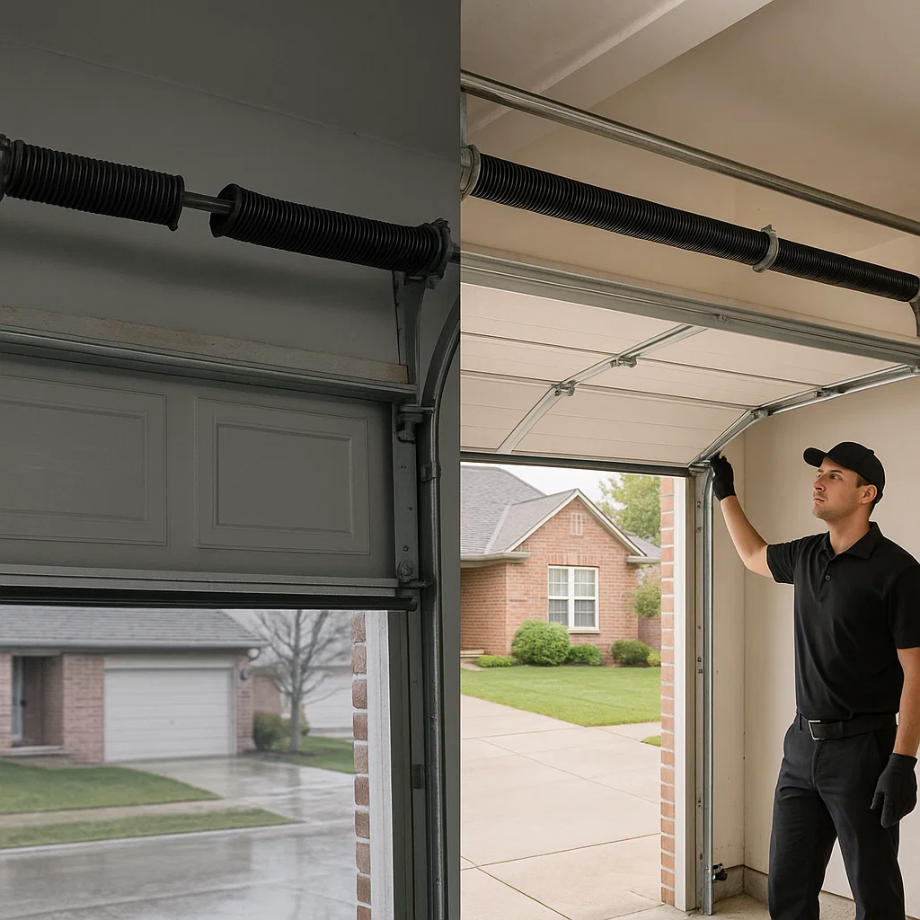 Before and after of broken garage door spring repair at a Sterling Heights MI home