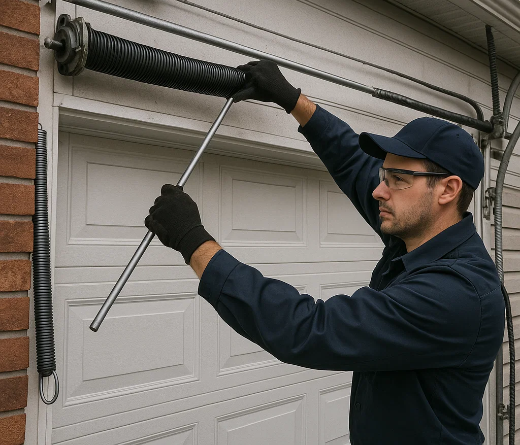 Technician repairing garage door opener and smart remote in Sterling Heights MI home 