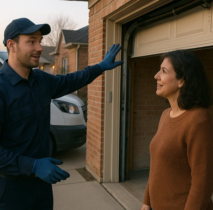 Trusted garage door technician assisting homeowner with spring repair in Sterling Heights MI