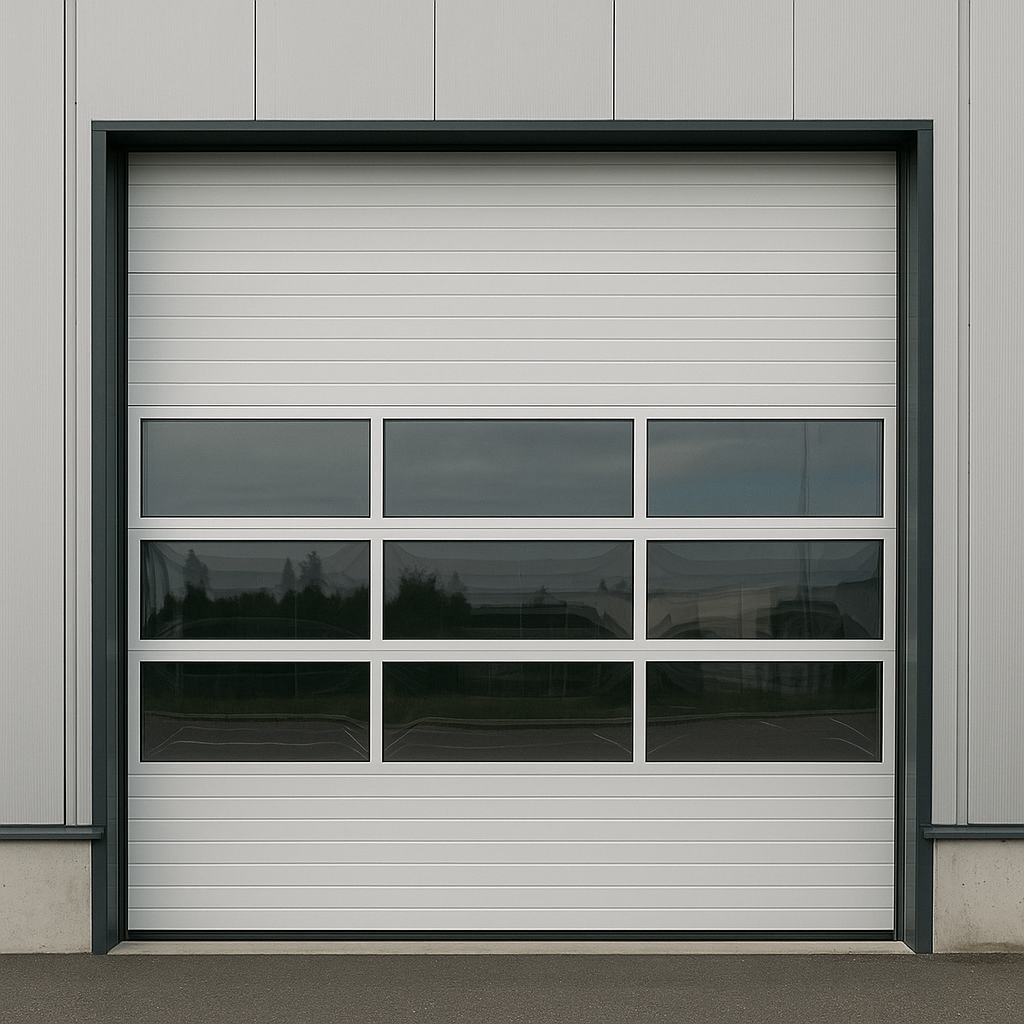 Modern commercial garage door with glass panels on an industrial building