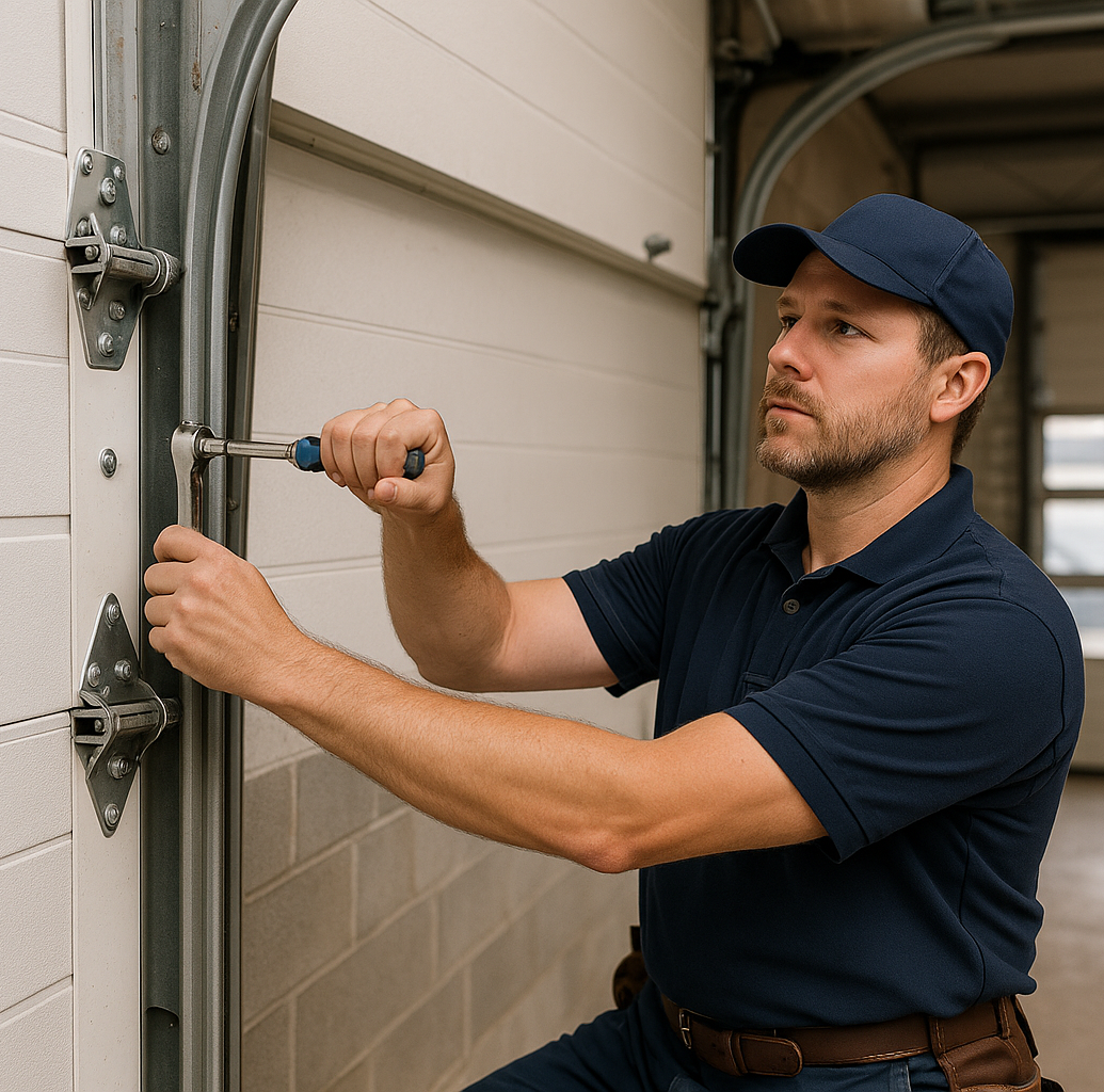 Technician repairing a residential garage door with a commercial door in the background