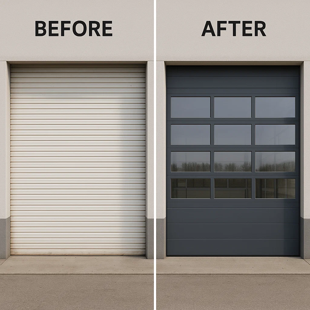 Fully repaired commercial garage door with new panels at Sterling Heights MI commercial site.