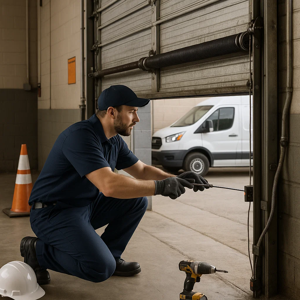 Technician inspecting industrial garage door components for safety at Sterling Heights MI warehouse. 