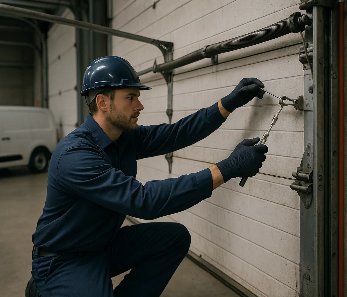 Technician inspecting torsion spring and cables on industrial garage door at Sterling Heights MI warehouse