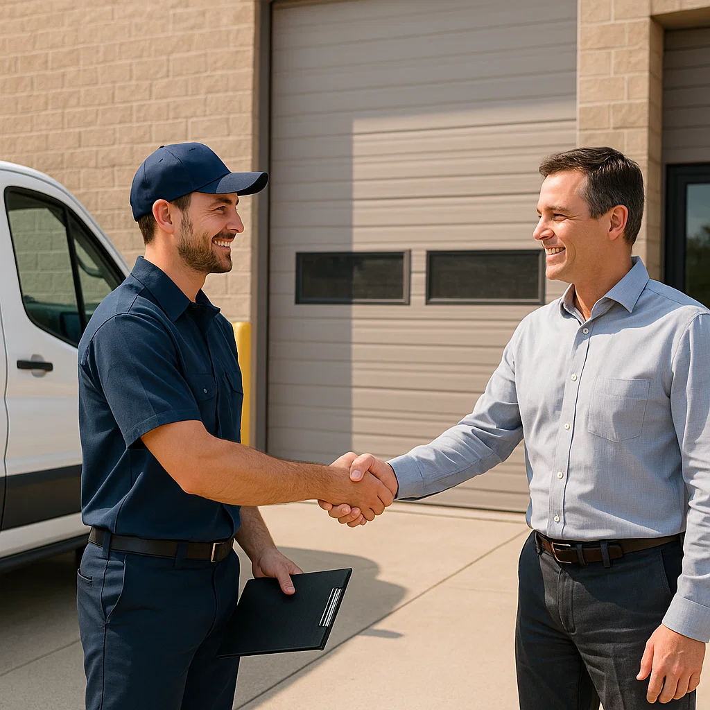 Garage door technician shaking hands with business owner outside commercial property in Sterling Heights MI.