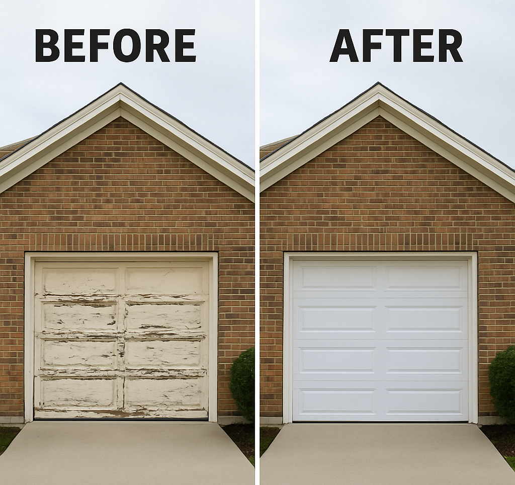 Before and after image of a damaged garage door replaced with a new white panel door