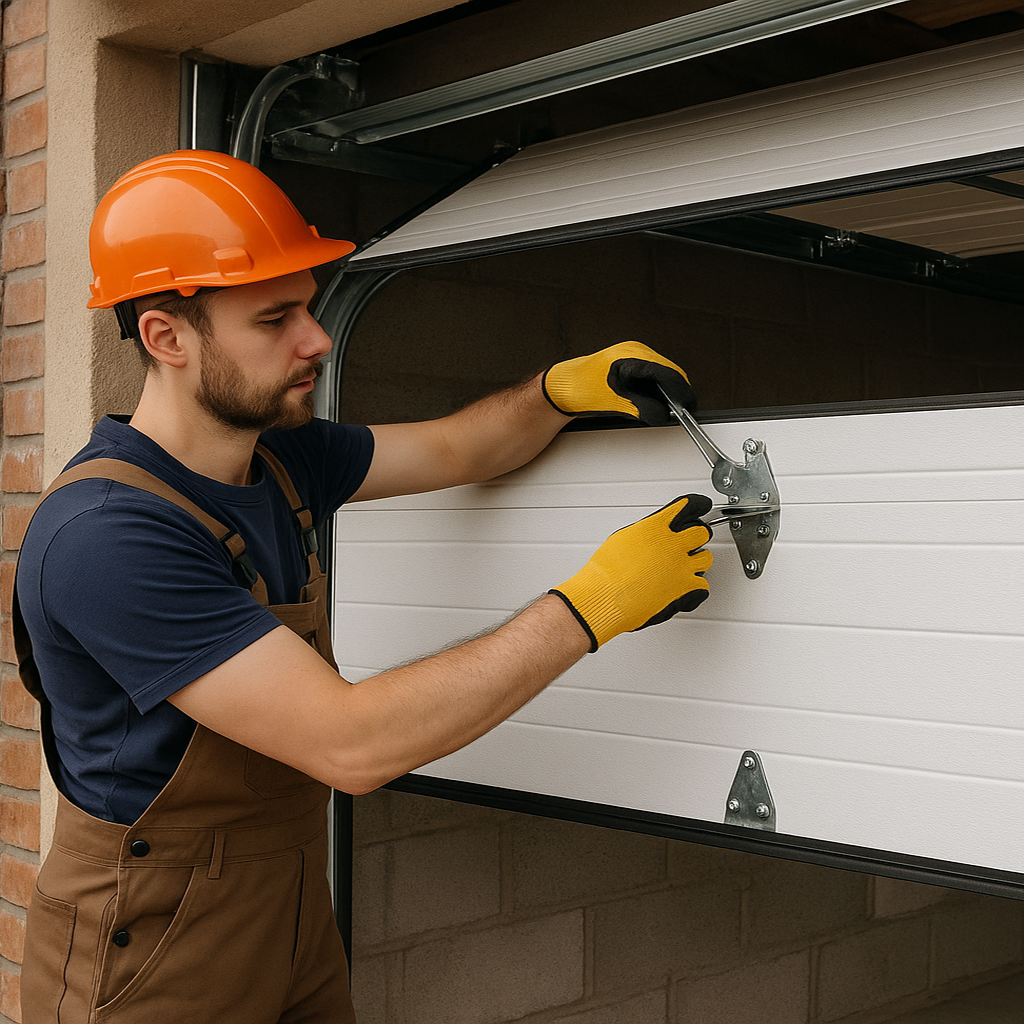 Garage door installer securing a white overhead door with a wrench