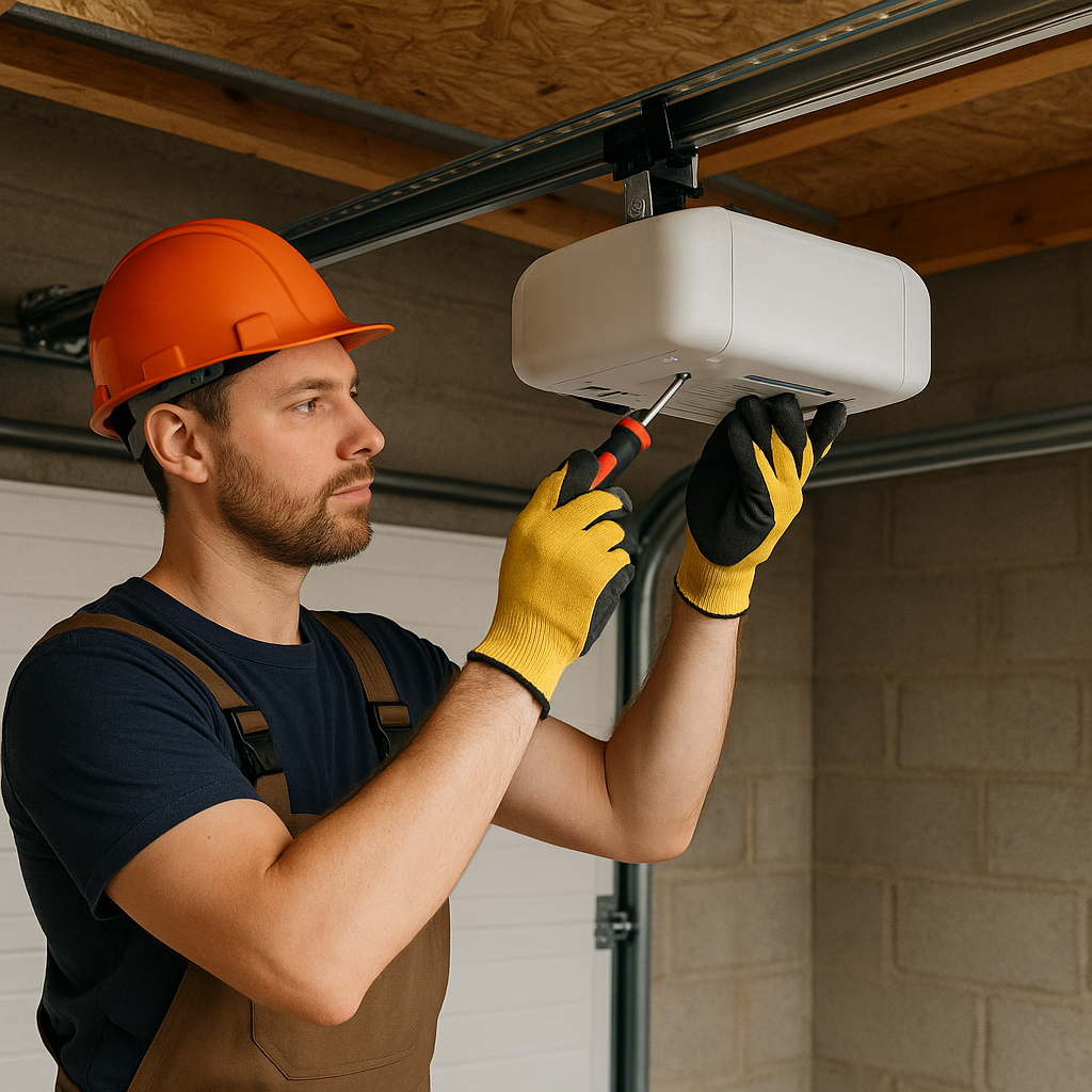 Technician repairing a garage door opener with a screwdriver
