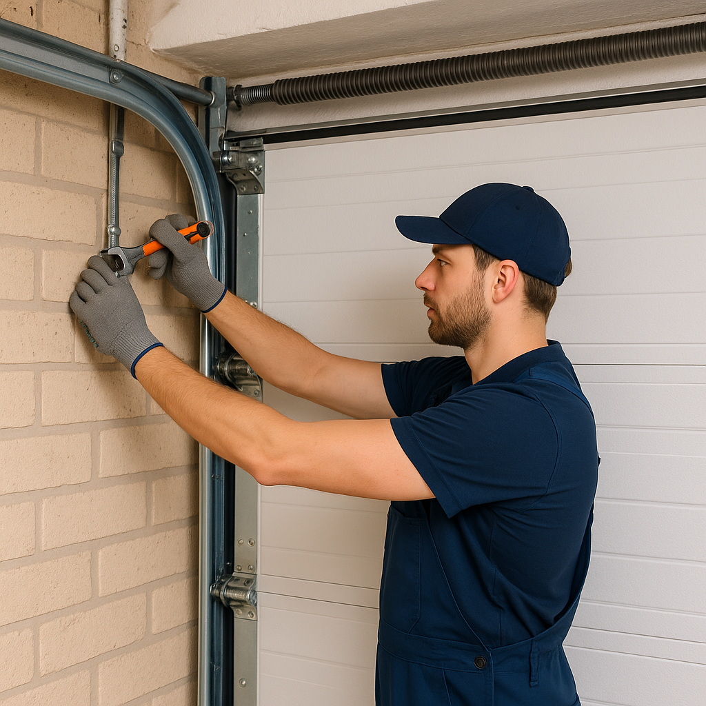 Garage door technician adjusting metal track with wrench
