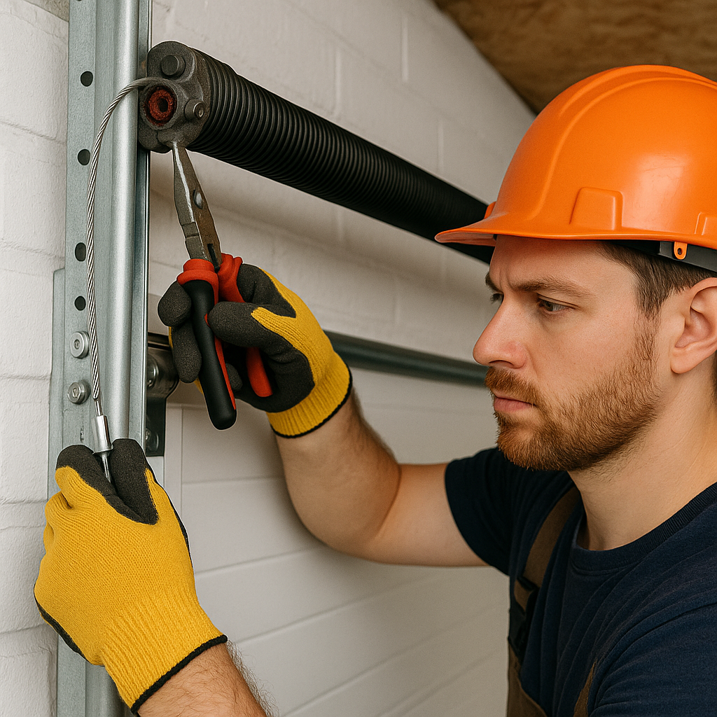 Technician repairing garage door torsion spring and cable with pliers