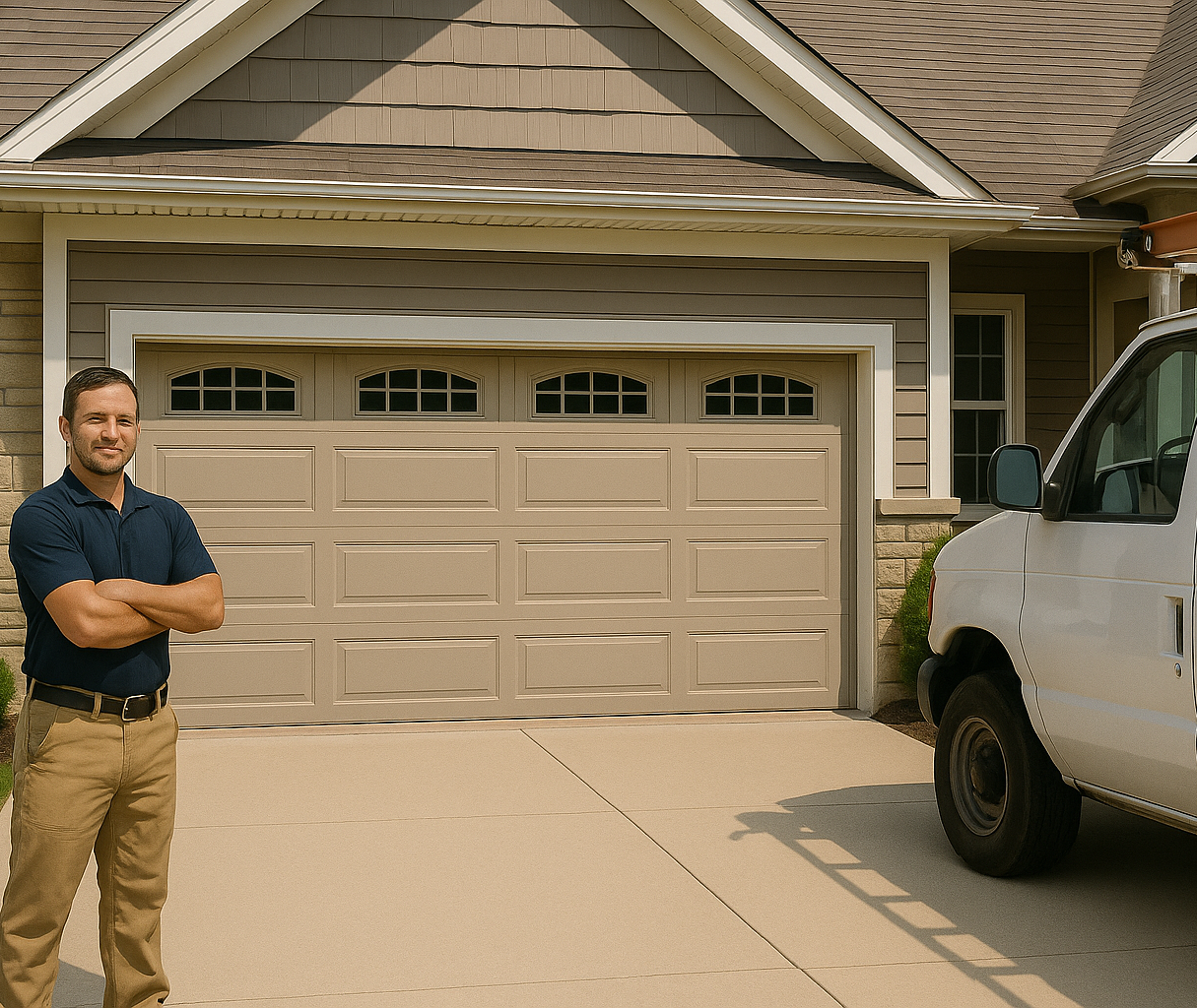  Professional garage door technician standing in front of suburban home in Sterling Heights MI