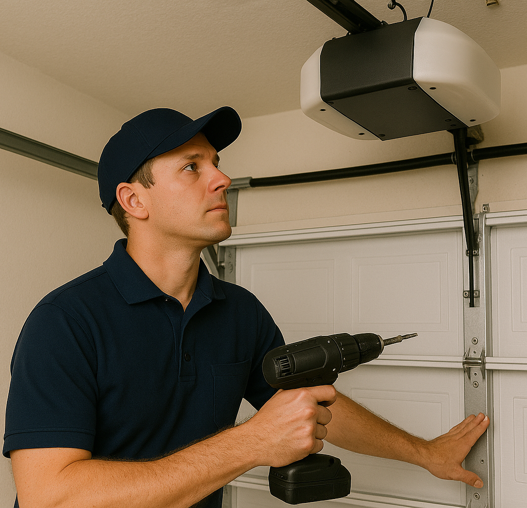  Technician adjusting garage door opener with power drill