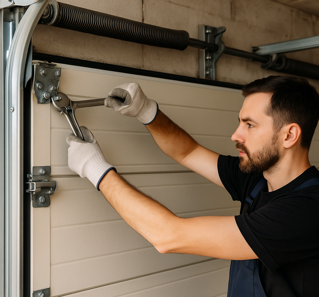  Technician tightening garage door hinge with ratchet wrench 