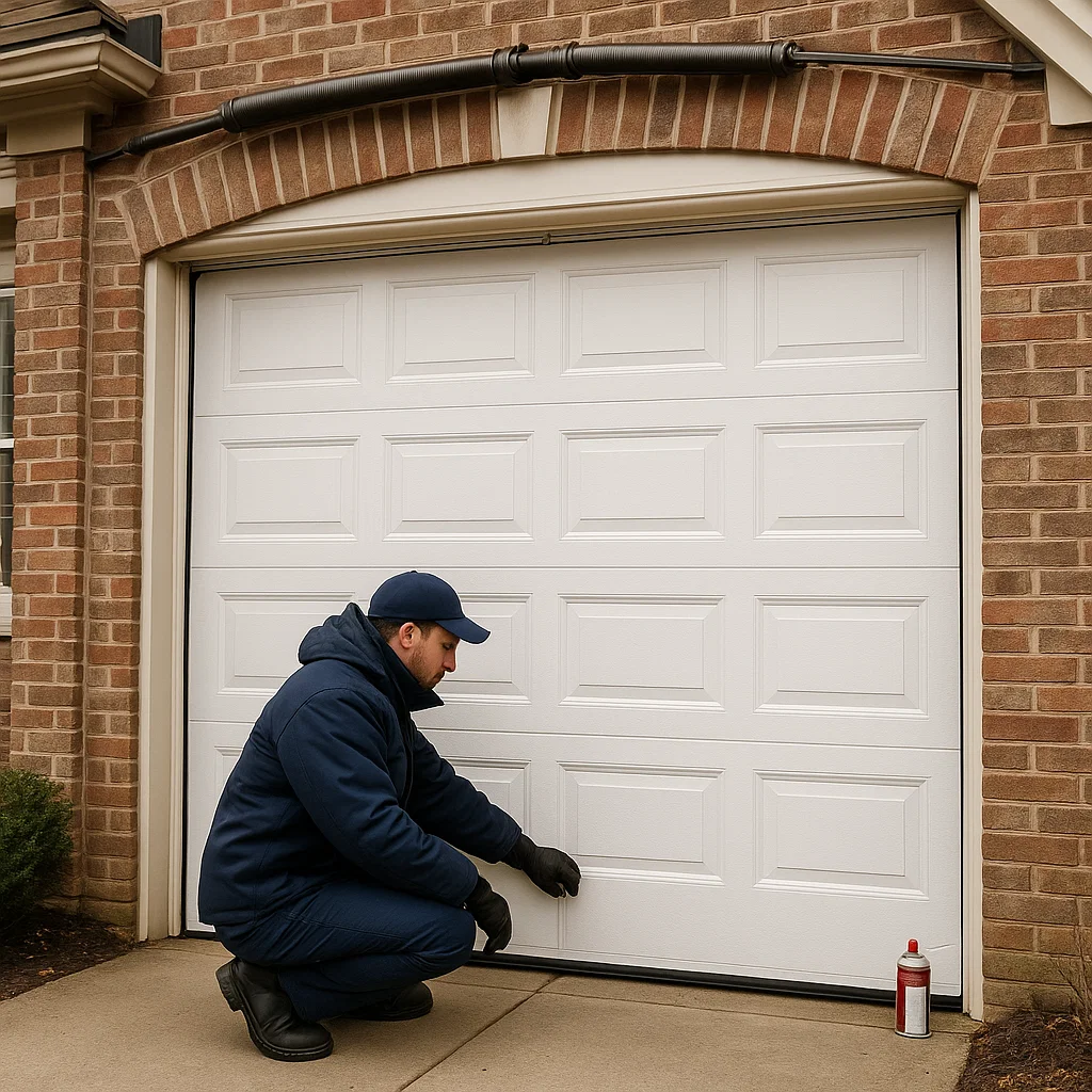 Technician performing preventative garage door maintenance and safety checks at a Sterling Heights MI home. 