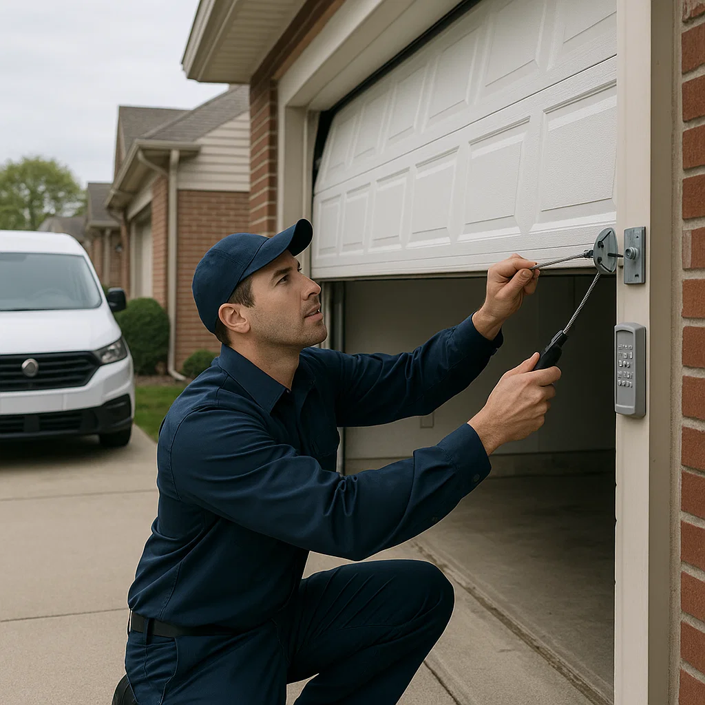Technician providing fast residential garage door repair at home in Sterling Heights MI.
