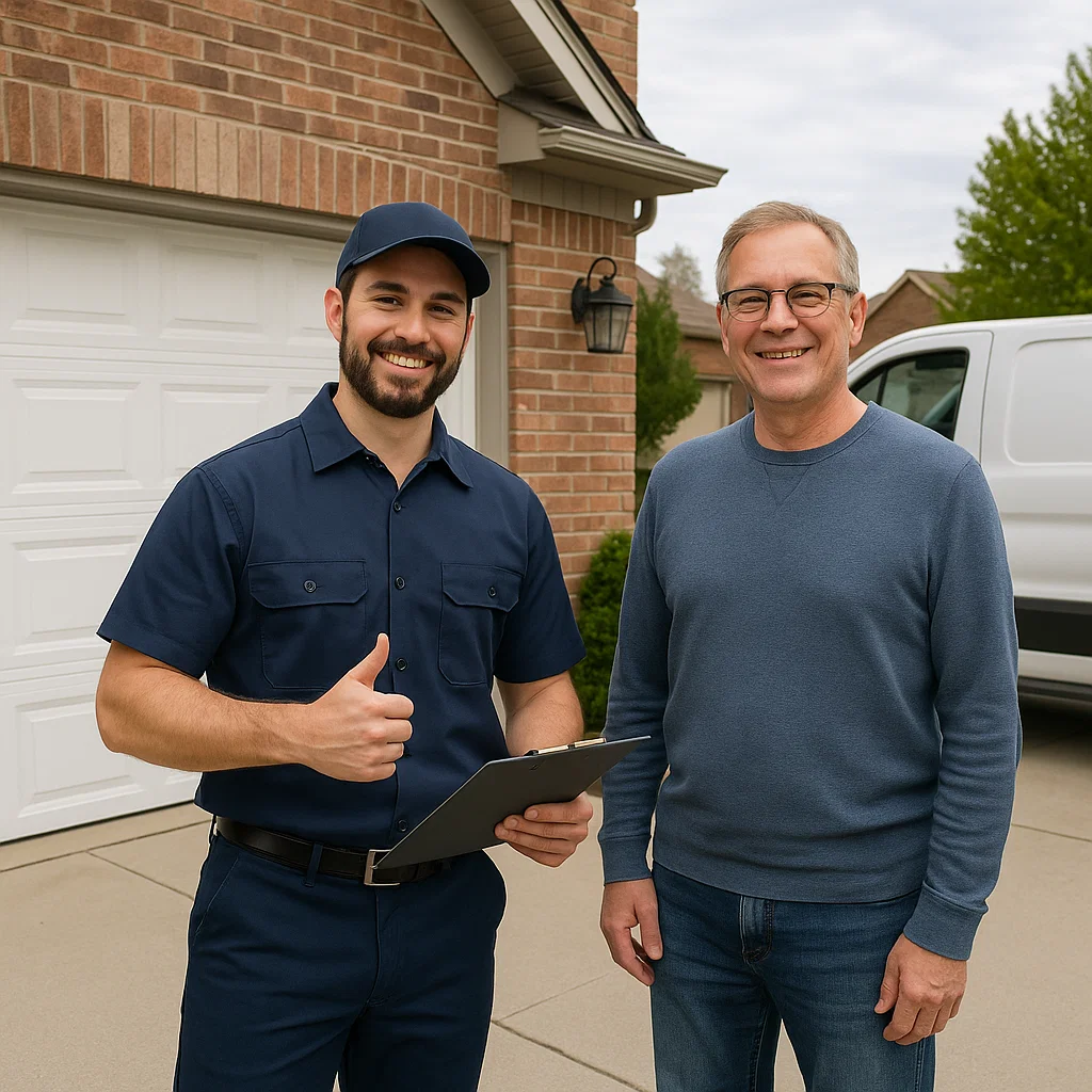 Garage door technician with homeowner outside Sterling Heights MI home after trusted repair service.